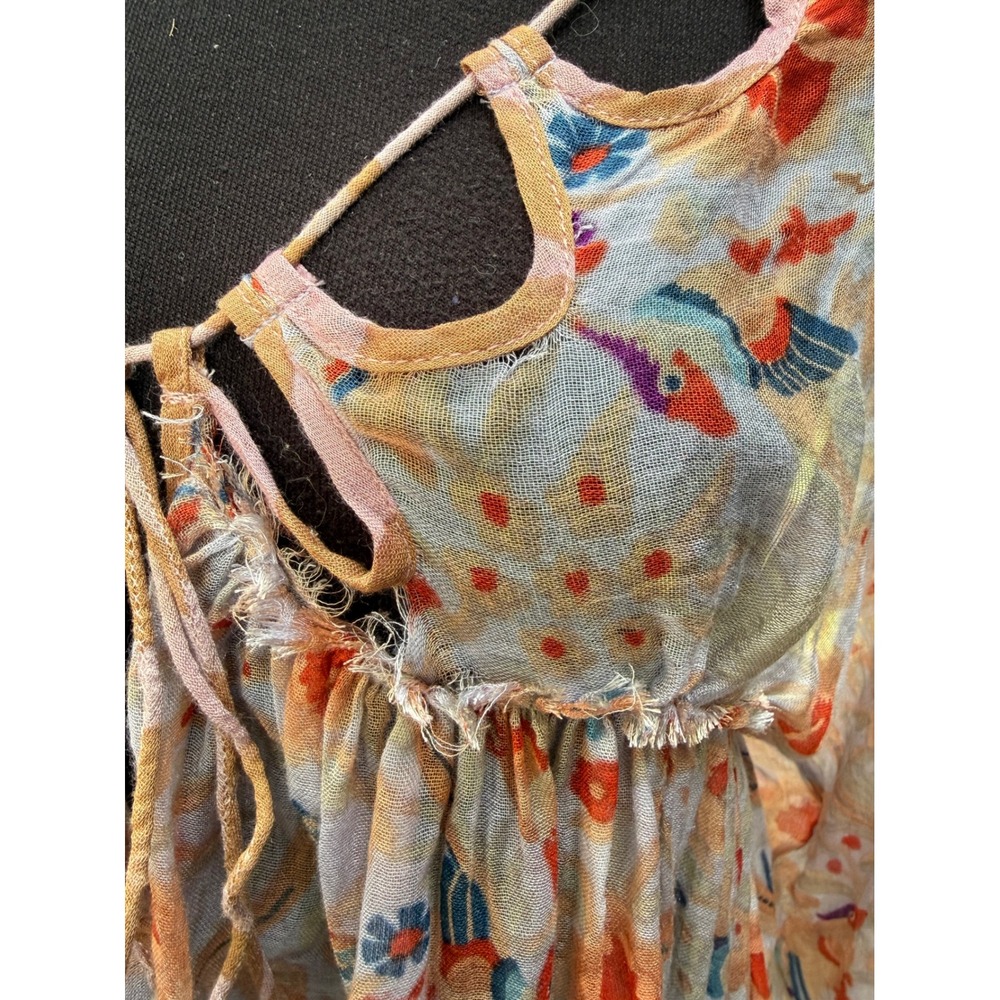 Free People FP One Floral Bird Print Gauze Blouse XS Orange Blue Cold Shoulder - Picture 4 of 7